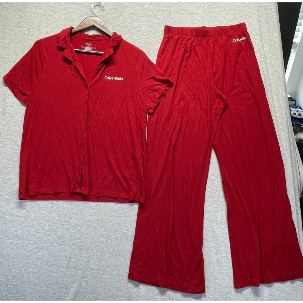 Calvin Klein Pajama Set Womens Medium Red Cotton Button Up Lounge Sleepwear